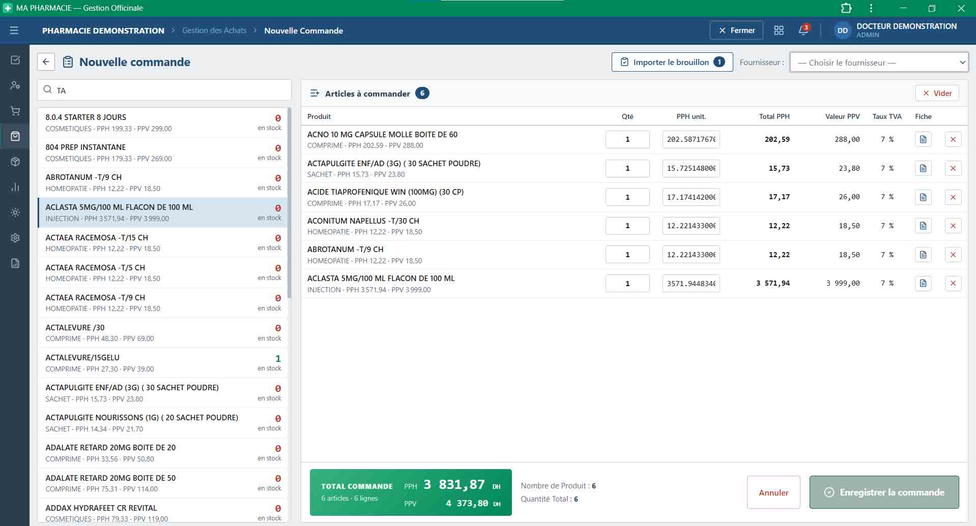 Nouvelle commande fournisseur dans MA PHARMACIE : articles à commander, quantités, PPH unitaire, valeur PPV et total de la commande