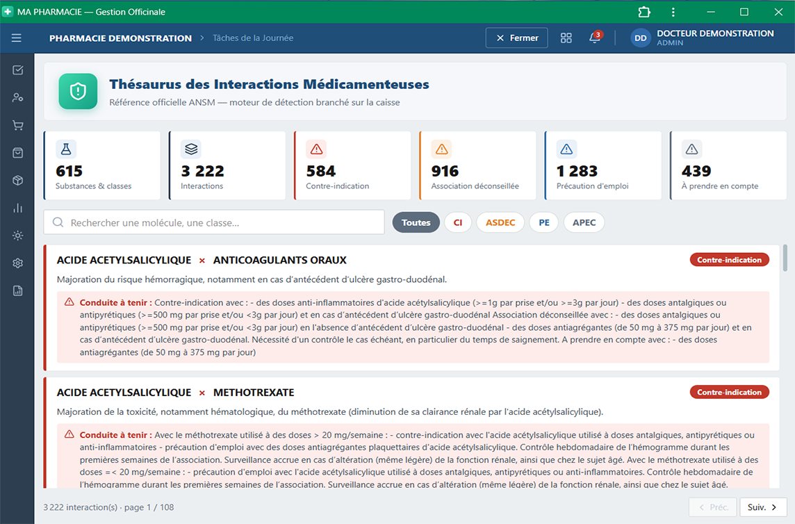 Thésaurus des interactions médicamenteuses MA PHARMACIE : détection des associations contre-indiquées, déconseillées et à prendre en compte, avec conduites à tenir